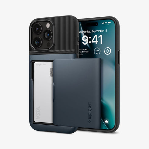 ACS06589 - iPhone 15 Pro Max Case Slim Armor CS in black showing the back with card in slot